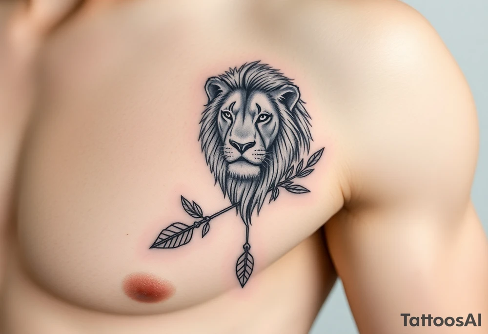 make me a realistic spiritual lion which has come down an arrow and surrounded by a olive tree leaf tattoo idea