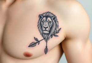 make me a realistic spiritual lion which has come down an arrow and surrounded by a olive tree leaf tattoo idea