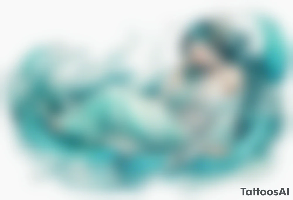 A beautiful undine with turquois scales wearing a white robe, laying on the shore tattoo idea