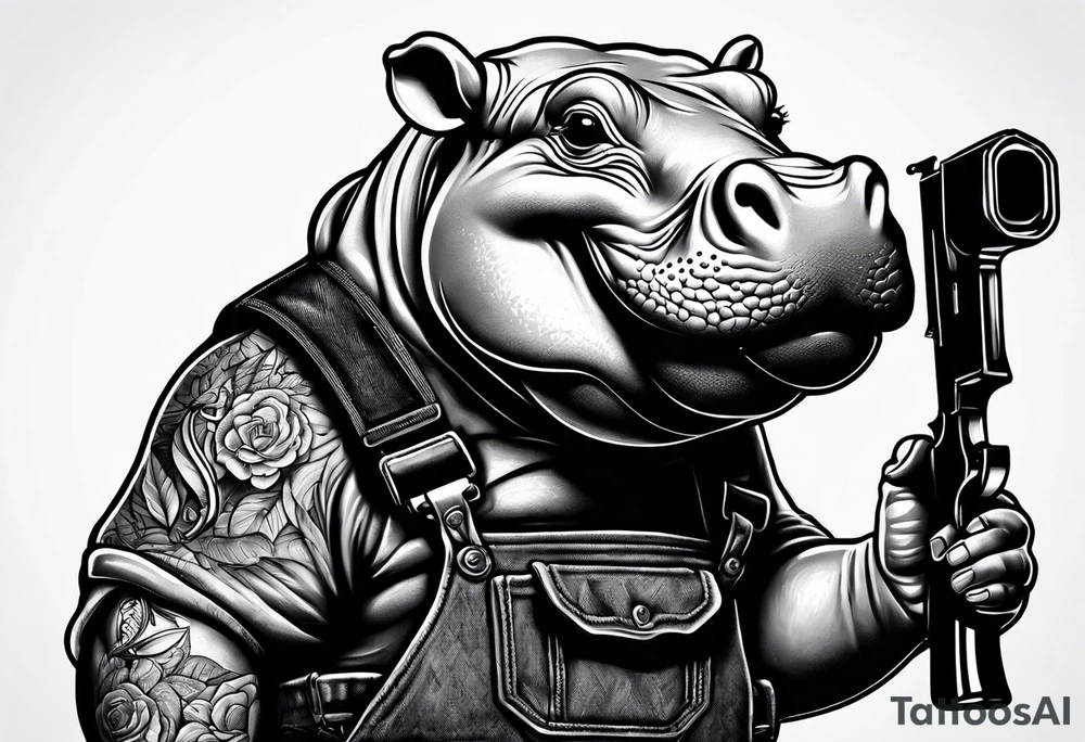 Baby hippo wearing overalls and holding a gun tattoo idea