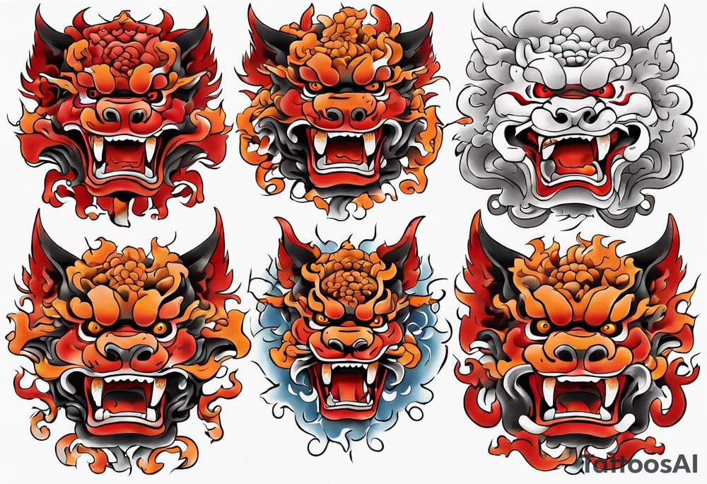 Red and orange Okinawa shisa dog chest piece tattoo idea