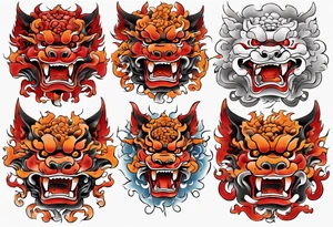 Red and orange Okinawa shisa dog chest piece tattoo idea