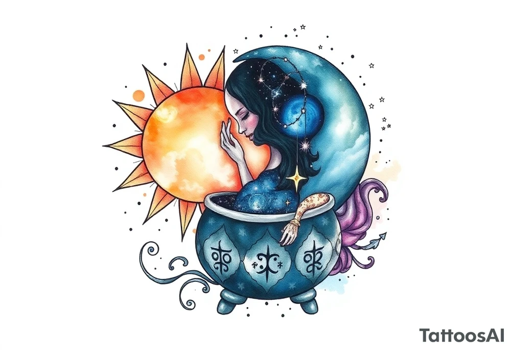 celestial sun and moon embrace with constellation patterns runes in galaxy coming out of witch cauldron tattoo idea