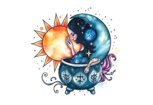 celestial sun and moon embrace with constellation patterns runes in galaxy coming out of witch cauldron tattoo idea