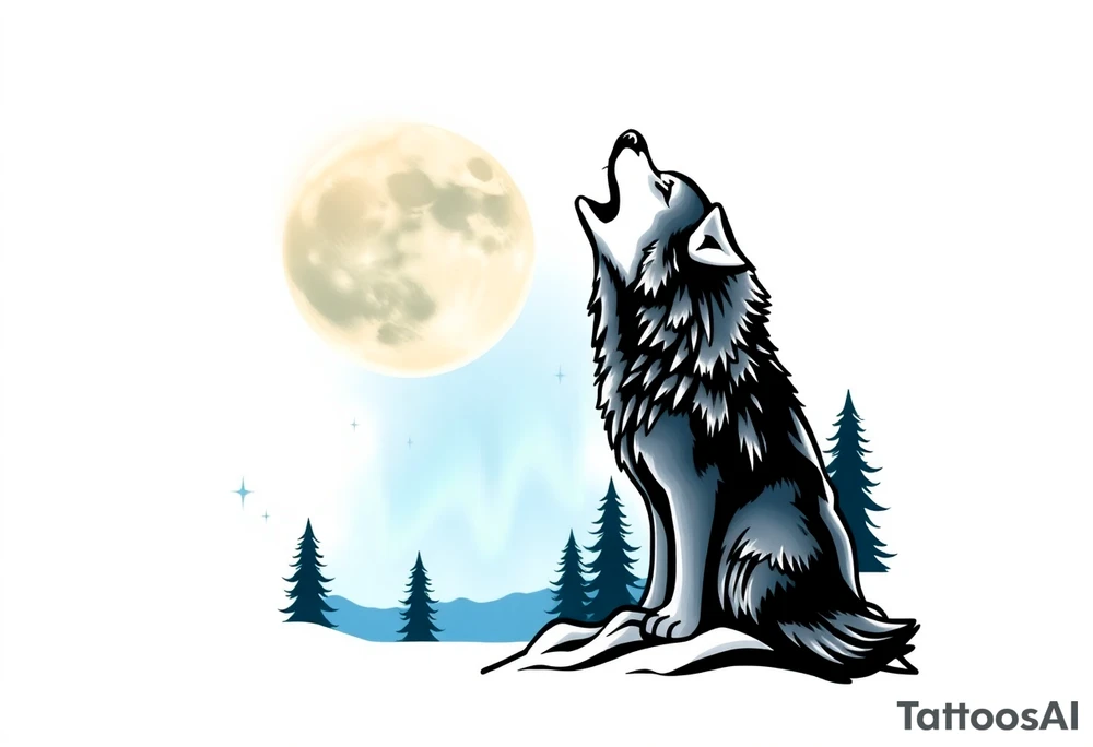 lone wolf howling at full moon with northern lights back drop 66⁶6⁶6 tattoo idea