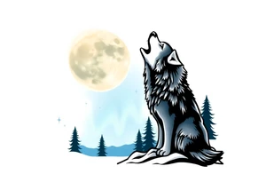 lone wolf howling at full moon with northern lights back drop 66⁶6⁶6 tattoo idea