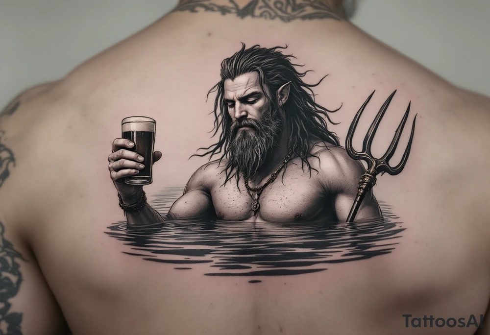 young, fit poseidon in calm water, holding a trident, holding a beer, with one eye closed tattoo idea