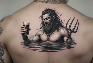 young, fit poseidon in calm water, holding a trident, holding a beer, with one eye closed tattoo idea