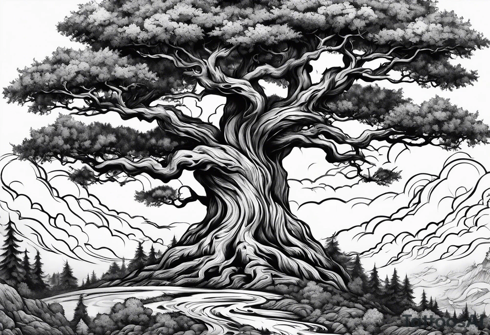 enormous old tree engulfed in flames of fire tattoo idea