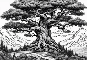 enormous old tree engulfed in flames of fire tattoo idea