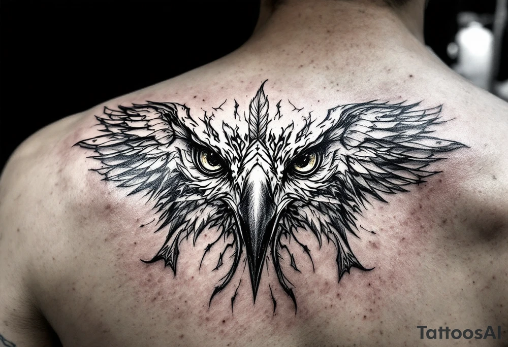 all seeing gaze and sharp talons with feather in beak tattoo idea