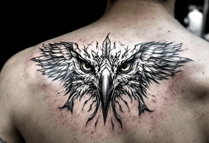 all seeing gaze and sharp talons with feather in beak tattoo idea