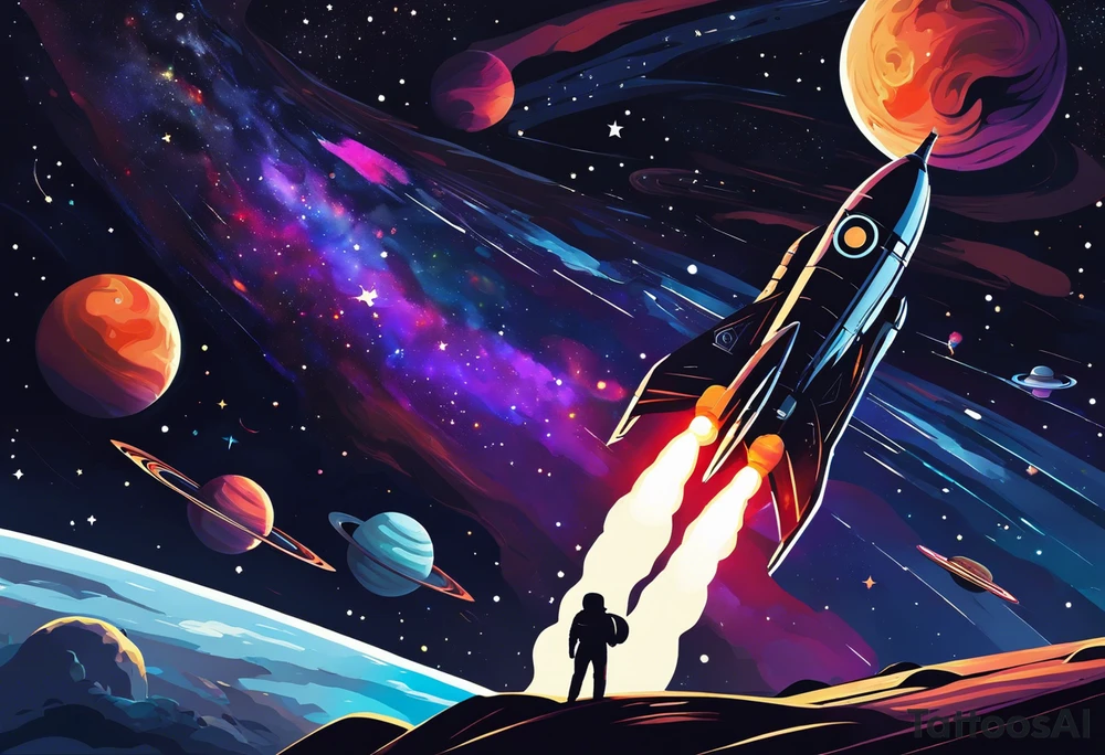 1. **Shoulder and Mid-Arm (Space Theme)**:
   - **Background**: Dark space with stars and nebulas.
   - **Elements**:
     - A rocket launching from the shoulder.
     - A swirling black hole with cosmic debris.
     - Various aliens in a UFO or standing on small planets.
   
2. **Lower Arm (Sky Theme)**:
   - **Transition**: Gradual fade from dark space to a lighter sky, incorporating colors from deep blues and purples to lighter blues and whites.
   - **Elements**:
     - Airplanes flying in different directions, leaving trails.
     - Soft clouds with some sun rays peeking through.
   
3. **Wrist and Hand (Blue Ridge Parkway)**:
   - **Background**: Blue Ridge Mountains with lush greenery.
   - **Elements**:
     - A winding road representing the Blue Ridge Parkway.
     - Trees and wildlife native to the region.
     - Possibly include a small stream or a few mountain flowers. tattoo idea
