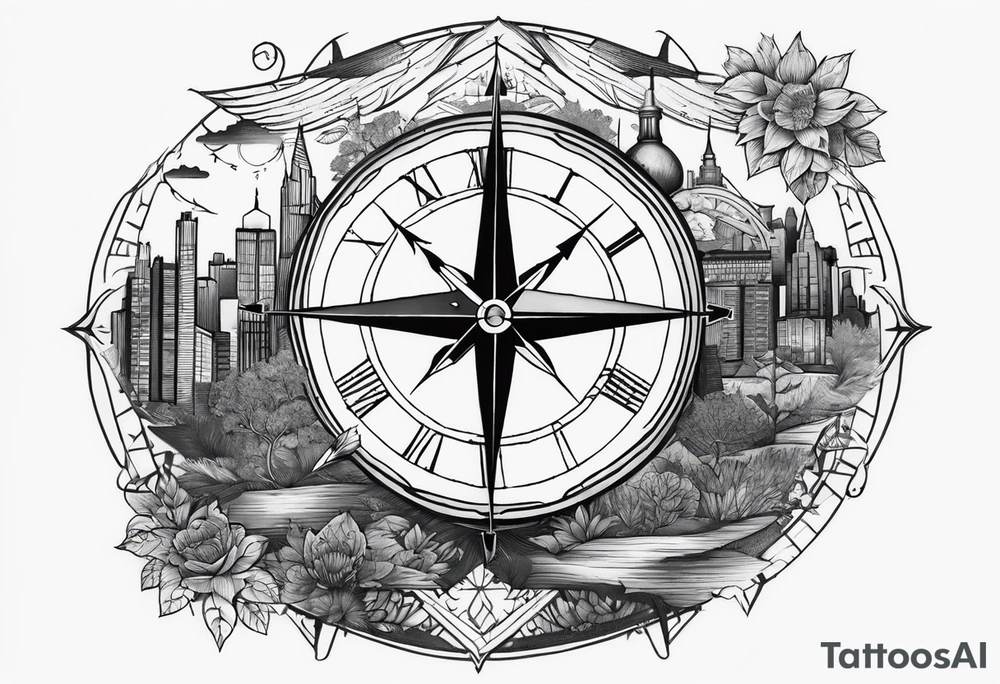 half compass half clock with arrow in the middle; nature on one side, cityscape on one side tattoo idea