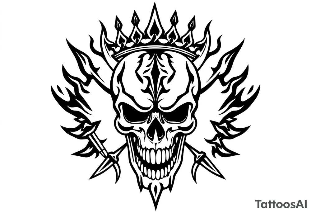 ornate skull adorned with crown of daggers and fire tattoo idea