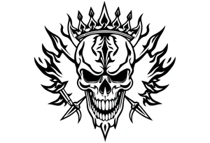 ornate skull adorned with crown of daggers and fire tattoo idea