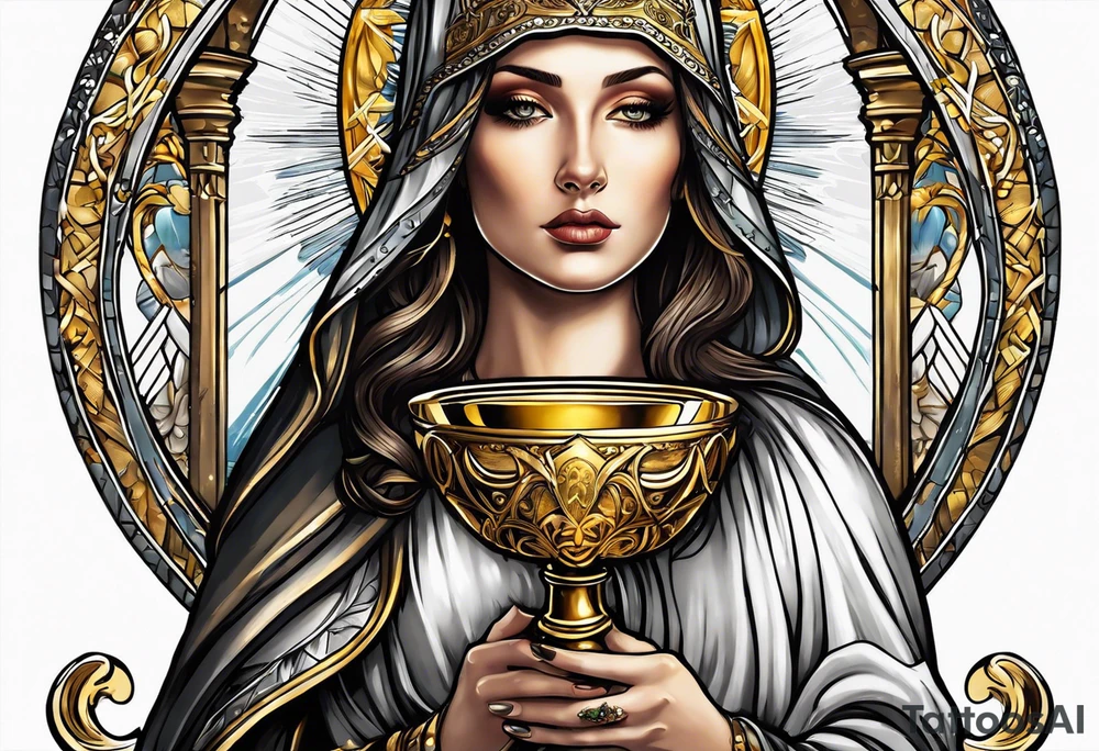 woman saint holding chalice surrounded by golden halo tattoo idea