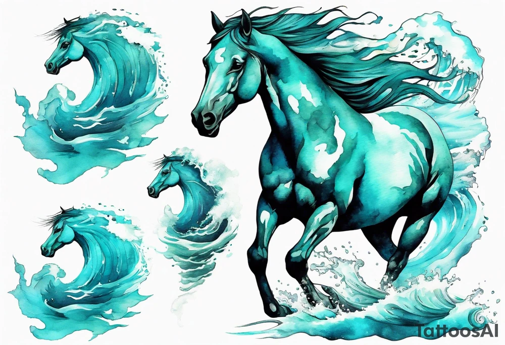 a turquoise water horse running through crashing waves tattoo idea