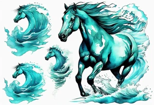 a turquoise water horse running through crashing waves tattoo idea