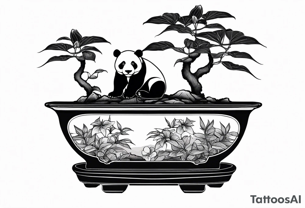 a bonsai pot with 4 Anthurium plant, underneath the canopy is a porcelain statue of a panda tattoo idea