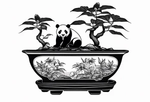 a bonsai pot with 4 Anthurium plant, underneath the canopy is a porcelain statue of a panda tattoo idea