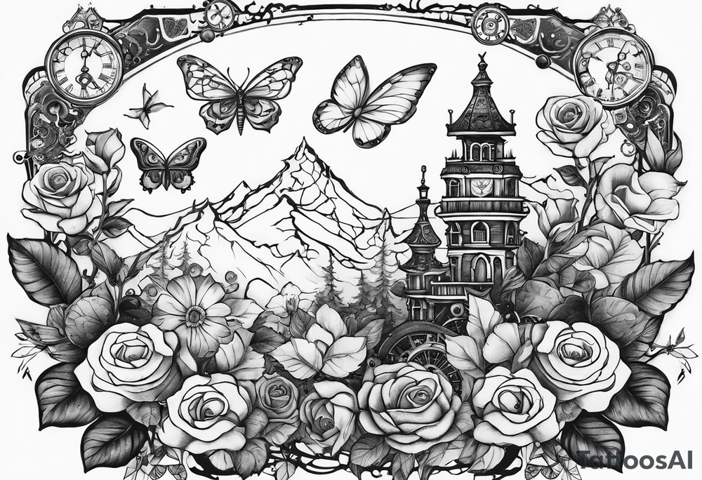 Sleeve with steampunk design with roses, butterflies, mechanicals and mountains tattoo idea