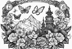 Sleeve with steampunk design with roses, butterflies, mechanicals and mountains tattoo idea