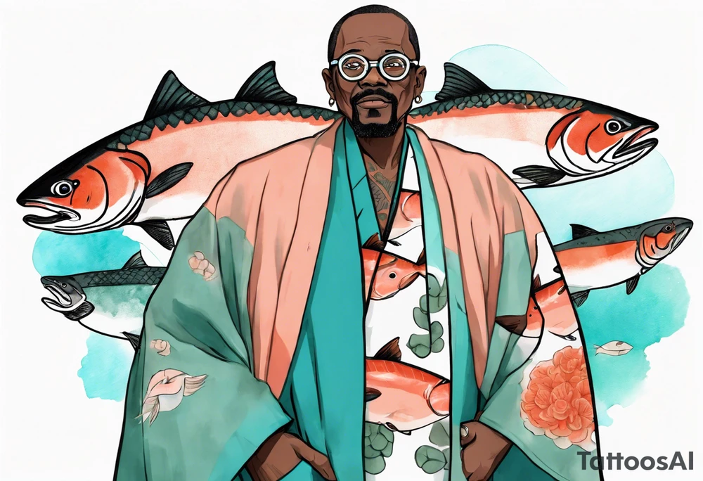 a 50-year-old black man wearing salmon and teal cloak and round glasses standing by a pool filled with salmon tattoo idea
