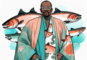 a 50-year-old black man wearing salmon and teal cloak and round glasses standing by a pool filled with salmon tattoo idea