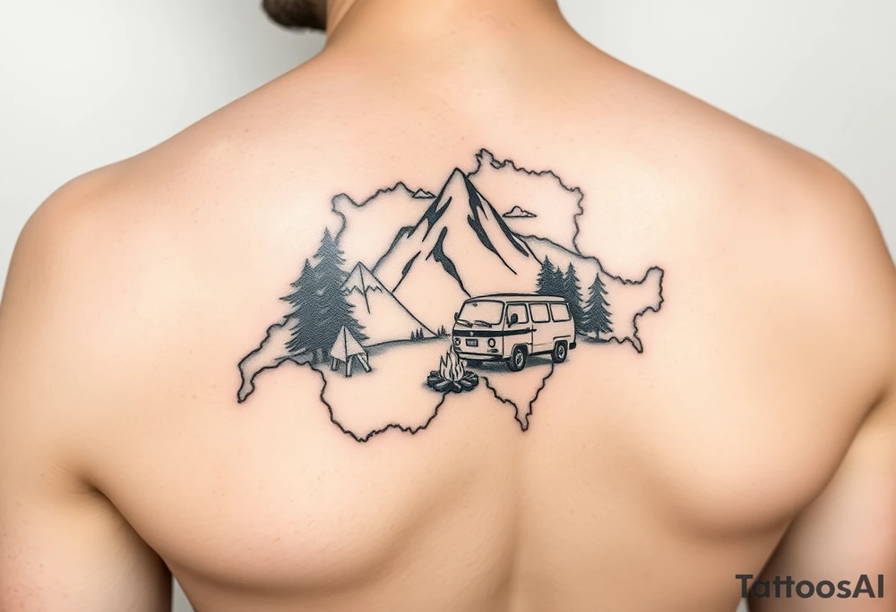 Simplistic, black and white tattoo, the whole tattoo must be completely inside the contour of the Switzerland map. A little camping tent on a side, a VW Caddy on the side, a little fire, in the woods, surrounded by alps and a couple pine trees. Arm tattoo tattoo idea