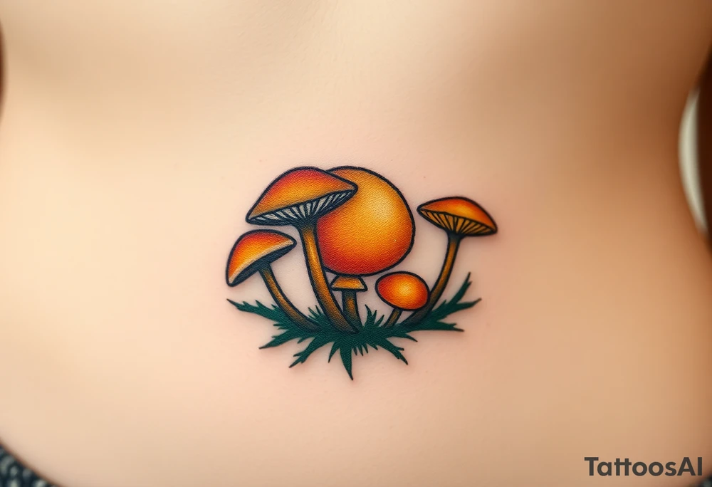 A golden mole surrounded by ethereal glowing mushrooms, blending shades of ochre, bronze, and deep forest green tattoo idea