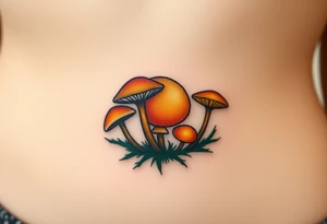 A golden mole surrounded by ethereal glowing mushrooms, blending shades of ochre, bronze, and deep forest green tattoo idea