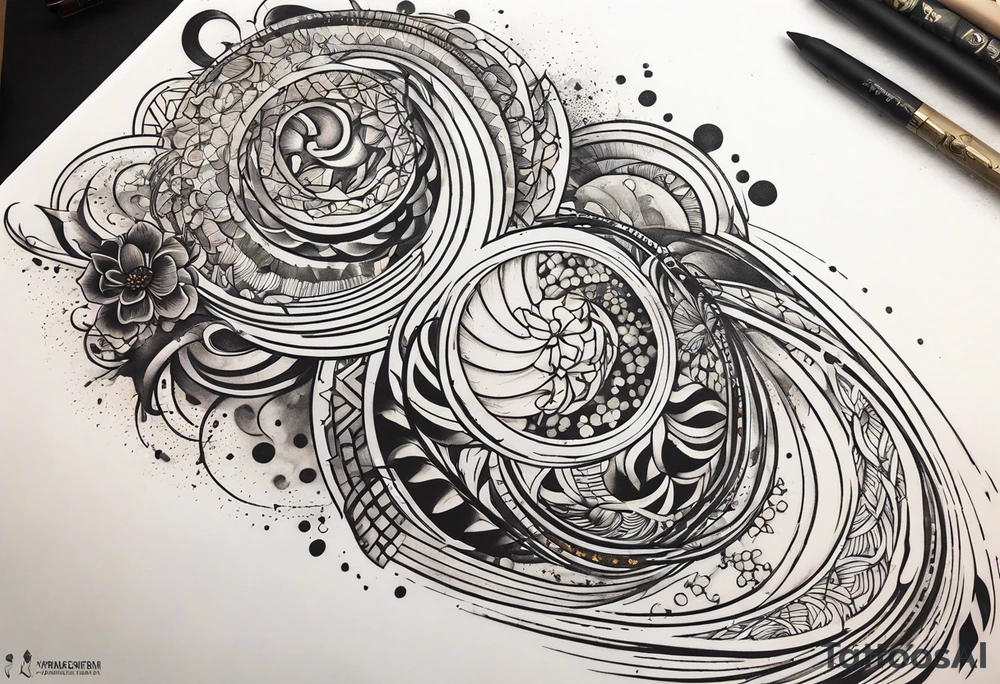 flowing abstract large forearm tattoo with lines, splatters, circles tattoo idea