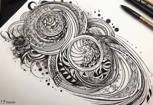 flowing abstract large forearm tattoo with lines, splatters, circles tattoo idea