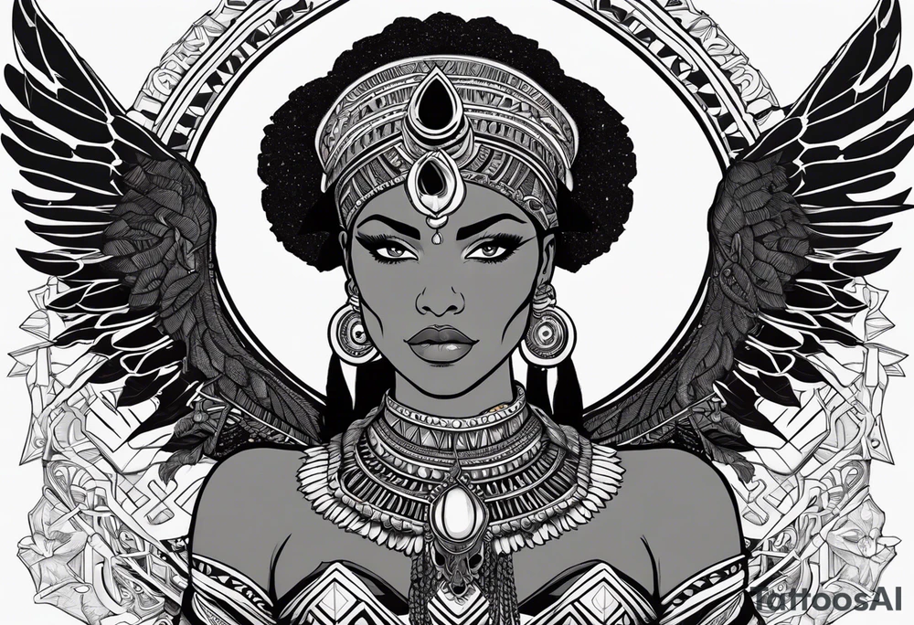 valkrye, kali, pirate, african goddess, , warrior, native american, lotus, zenza resonance, skulls, pachamama, left side face, chest, wing, tattoo idea