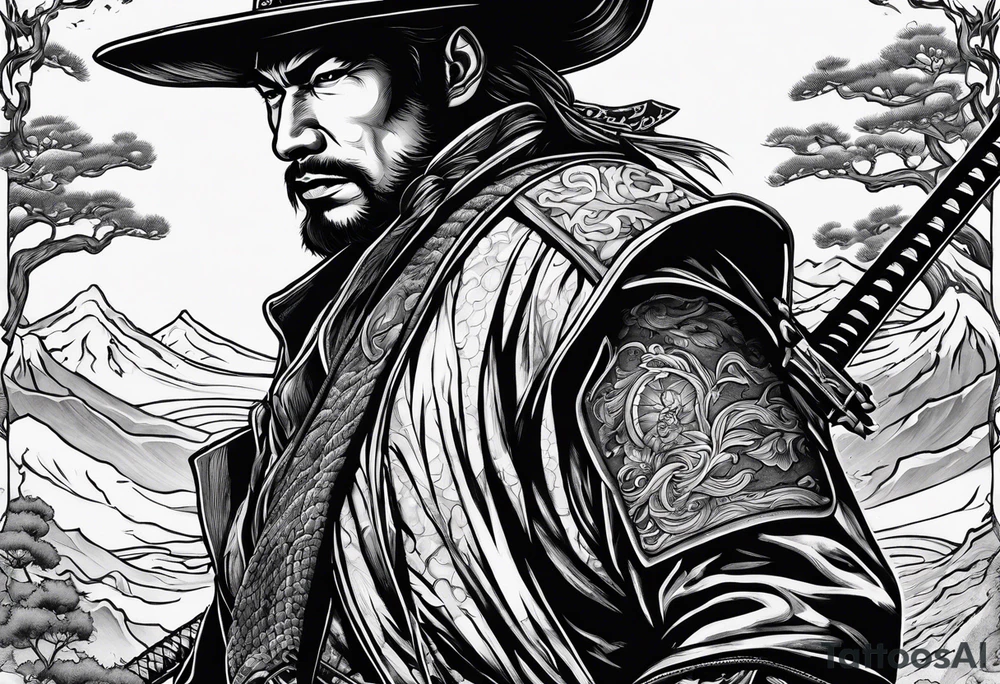 A fight scene between an American cowboy and a japanese samurai tattoo idea