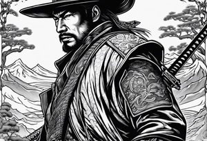 A fight scene between an American cowboy and a japanese samurai tattoo idea