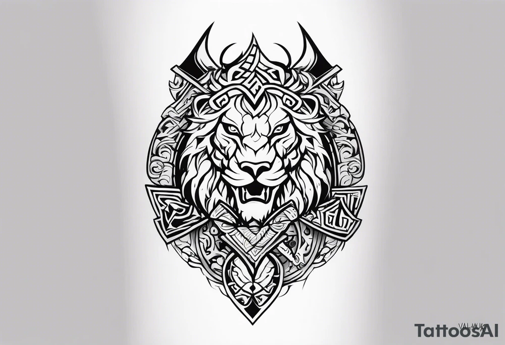 Valhalla sword shield dragon axe Valknut tribal lion tattoo idea