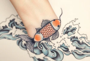 traditional koi fish swimming upstream through turbulent waves tattoo idea