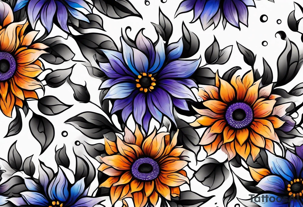 Full arm sleeve with purple, orange and blue sunflowers tattoo idea