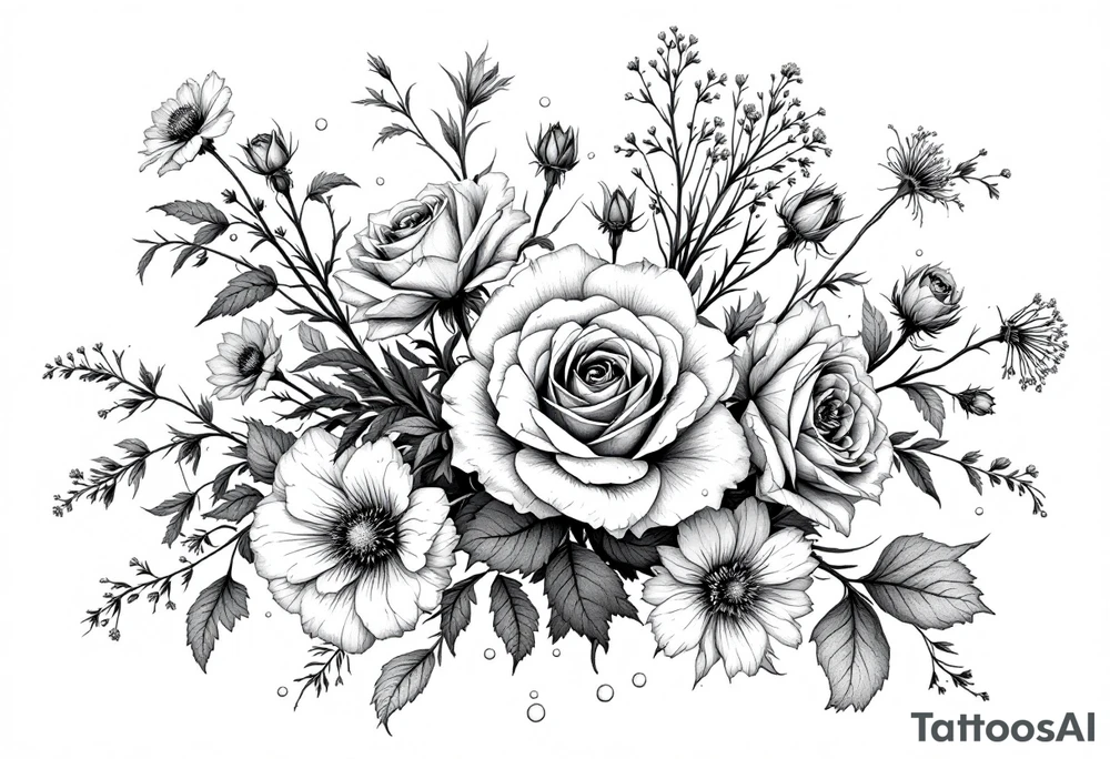 vintage bouquet of wild roses and meadow flowers with morning dew tattoo idea