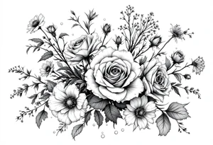 vintage bouquet of wild roses and meadow flowers with morning dew tattoo idea
