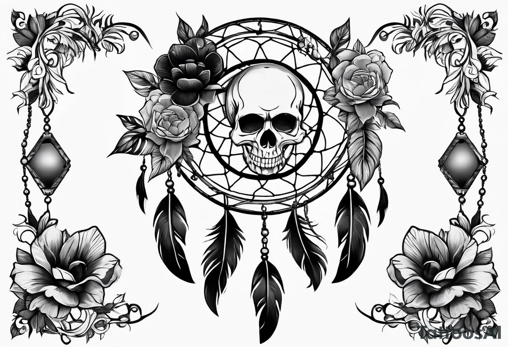 Dream catcher with multiple skulls with black flowers tattoo idea Dream catcher with multiple skulls with black flowers tattoo idea