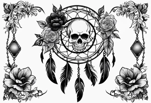 Dream catcher with multiple skulls with black flowers tattoo idea
