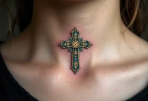 Vintage Cross with Clockwork Design – A tiny vintage bronze cross featuring intricate clock gears in gold and rust, combining faith and time, with some soft shading in the middle of a neck. tattoo idea