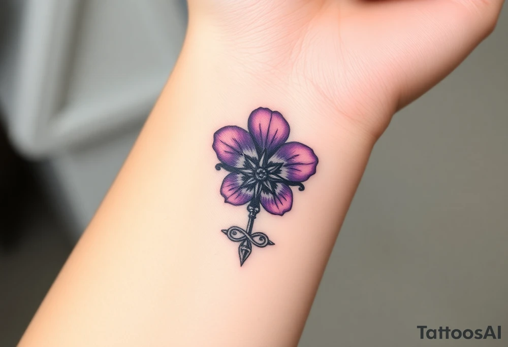 A single Violet with detailed compass at its center representing feminine power and an ankh or Celtic knot tattoo idea