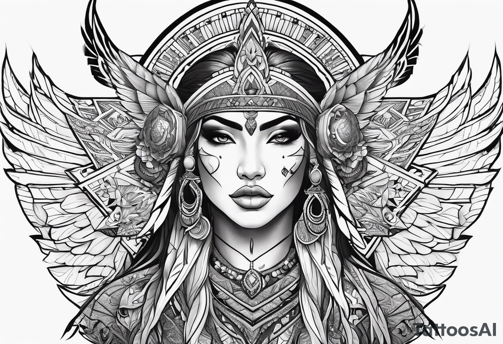 valkrye, kali, pirate, goddess, native american, lotus, zen, left side face, chest, wing tattoo idea