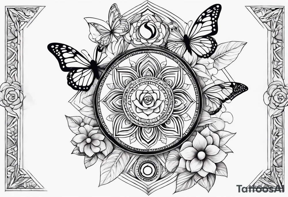 7 chakras sleeve with butterflies and flowers tattoo idea