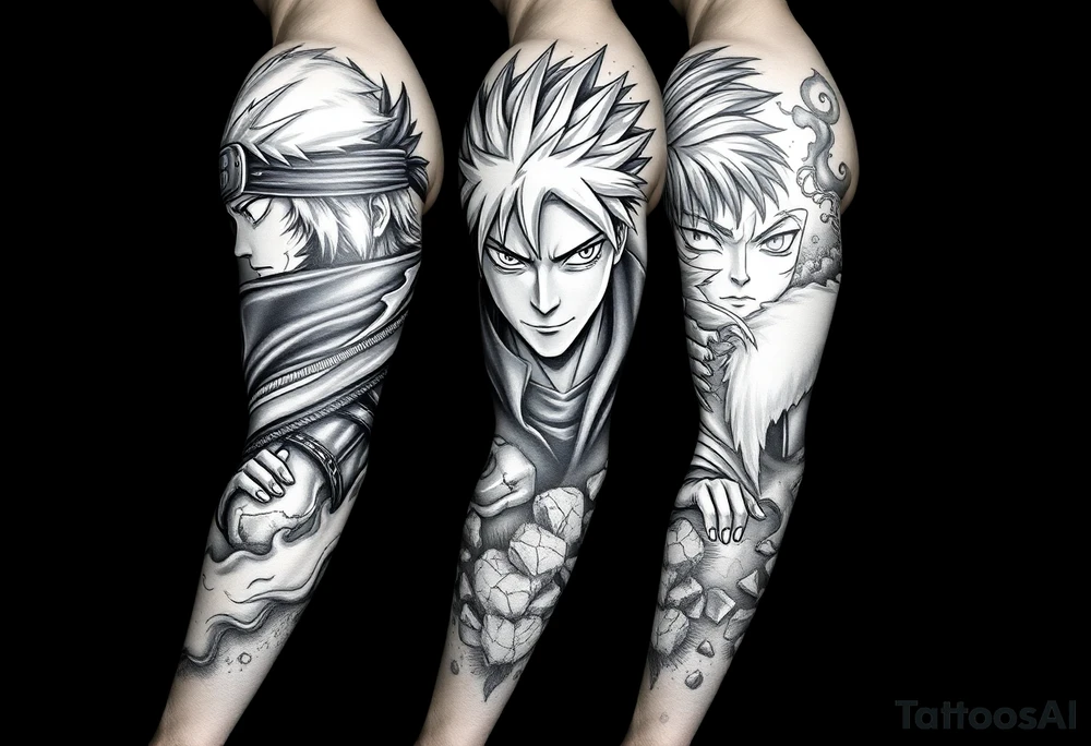 Full Naruto anime sleeve tattoo in black and grey realism, designed for the entire arm. Featuring Kakashi Hatake, Itachi Uchiha, and Pain, with detailed portraits and dramatic poses. Sharp shading, bold linework, and high contrast with smoky shadows for depth. Integrate multiple panels flowing seamlessly together, with each character framed by abstract effects like chakra energy, smoke, and broken stone textures. Masculine, dynamic, and intense style with strong highlights and shadows.” tattoo idea