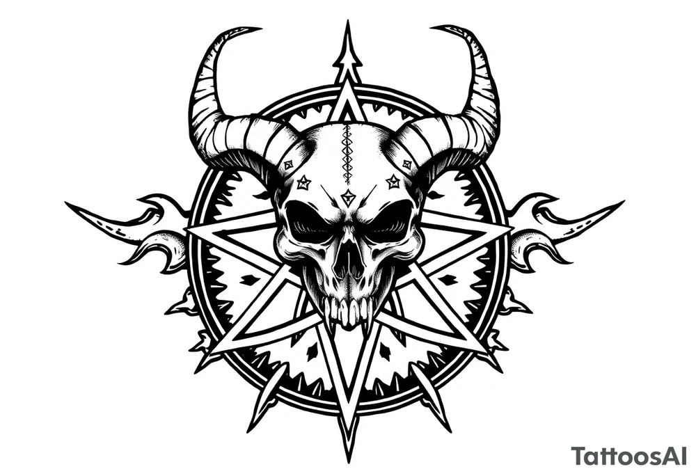 Baphomet skull over a pentagram surrounded by jagged flowing lines tattoo idea